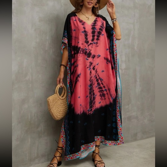 Boho Tie Dye Print Batwing Sleeve Slit Hem Maxi Dress - Picture 2 of 8